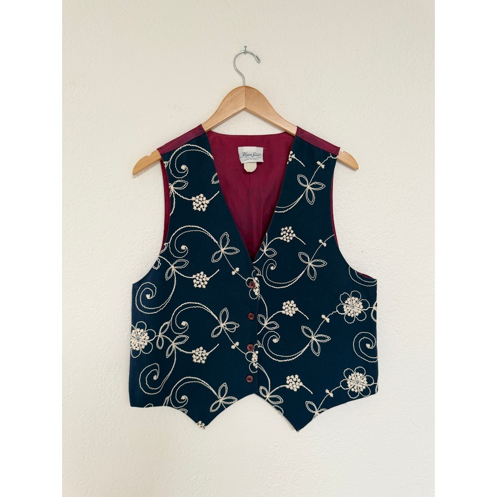 Vintage Maggie Sweet Navy Blue Floral Embroidered Vest Boho Cottagecore USA Made